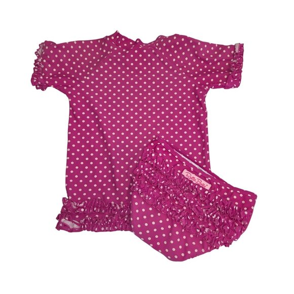 RuffleButts Girls 7 Polka Dot Rash Guard Swimsuit Set Pink & White 3887 - Picture 2 of 5